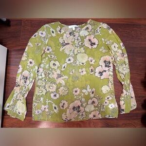 Floral Green Blouse with Bell Sleeves